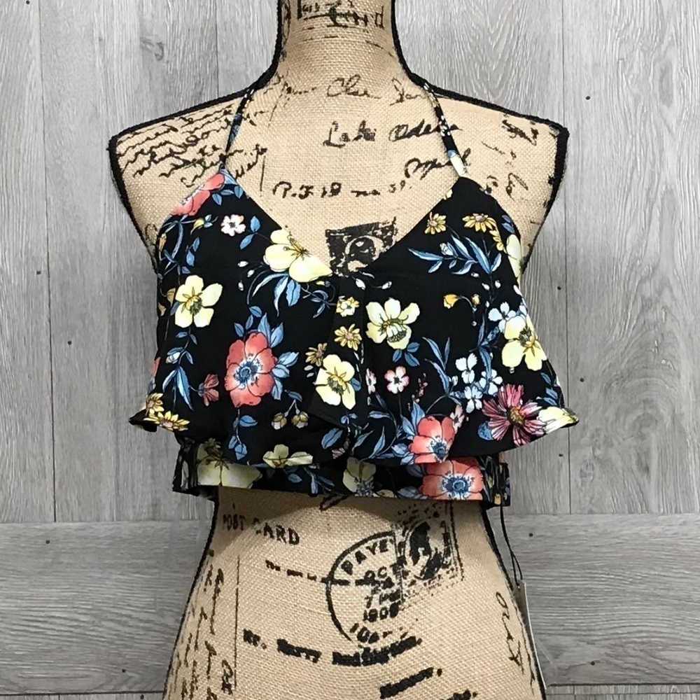 Floral Ruffle Flounce Halter Neck Top BB389